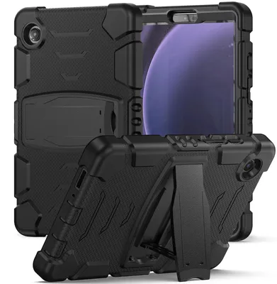 Produktbild von Mobigear ShieldStand Tablet-Hülle für Samsung Galaxy Tab A9 (2023) – Gehäuse aus Kunststoff und Silikon mit Rückseite und Standfuß – Schwarz