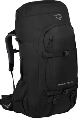 A black Osprey trekking backpack is shown from a side-angle.