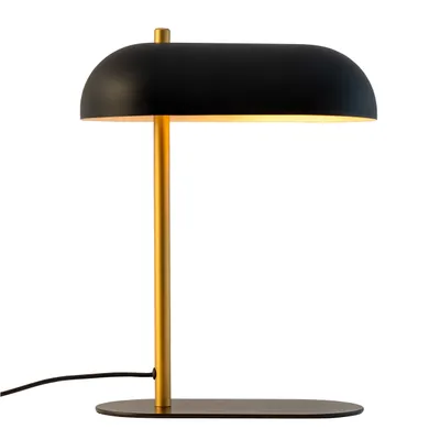 A modern desk lamp with a black shade and a gold stand, isolated on a white background.