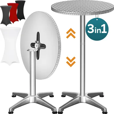 A product image showing a bar table with different colored covers and a folded table.