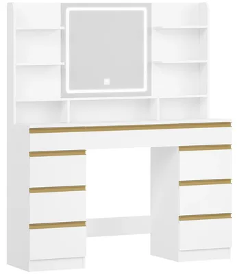 Imagen del producto de Tocador - Mesa de maquillaje - Iluminación LED con 3 colores de luz y control de intensidad - Espejo - 9 cajones - 9 compartimentos abiertos - Blanco