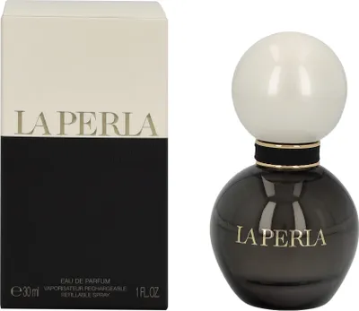 A perfume bottle and its packaging are displayed side-by-side against a white background.
