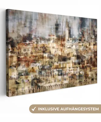 Produktbild von OneMillionCanvasses® - Leinwandbilder - 140x90 cm, Stadt - Kunst - Häuser - Beige, Wandbilder Kunstdruck Wanddekoration - Foto auf Leinwand - Gemälde auf Holzrahmen