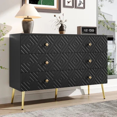 Image de Meuble de rangement avec tiroirs - Commode - Armoire de rangement - Buffet - Meuble de rangement noir - 6 tiroirs spacieux - Pieds en métal doré