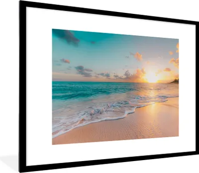 Produktbild von MuchoWow® Gerahmtes Poster Sonnenuntergang - Strand - Meer - Sommer - Blau 80x60 cm - Poster mit Schwarzem Bilderrahmen Wandposter Rahmen Foto Bilder - Schlafzimmer-Dekorationen - Fotoposter