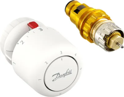 A white thermostat head and a brass valve insert are shown against a white background.