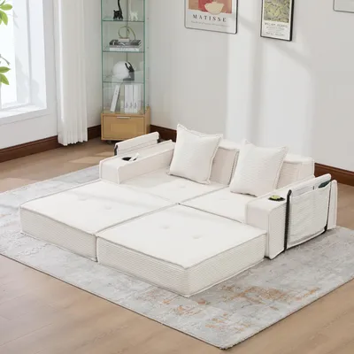 Immagine prodotto di LVHOM Divano modulare a terra in velluto a coste con portabevande, divano pieghevole estraibile, divano per bambini, poltrona letto per il riposo, divano a 2 posti, beige