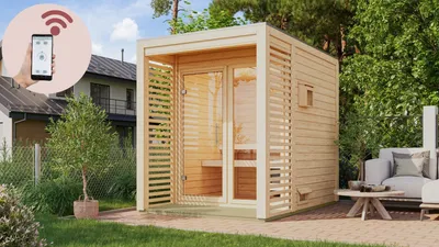 Produktbild von Karibu Saunahaus Außensauna Gartensauna Außensauna ANGKOR 1 naturbelassen 191 x 276 cm inkl. 9kw Ofen und HUUM WIFI Steuergerät Sparset 38mm Wandstärke