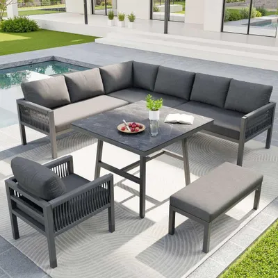 Produktbild von Großes Garten-Sofa Set, wetterbeständig, mit stabilem Eisengestell und grauen Polstern, inkl. Marmorglastisch und 2 Sesseln, für 8 Personen.