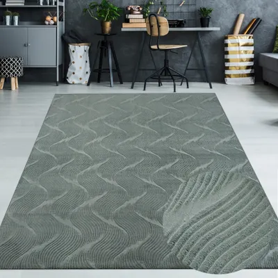 Image de Tapis de salon à poils courts, motif ondulé, couleur unie verte, dimensions : 160 x 220 cm