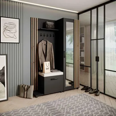 Image de Armoire LIVIA – Ensemble vestiaire avec miroir et cintres, noir, lamelles en chêne Artisan, coussin d'assise beige clair, gauche