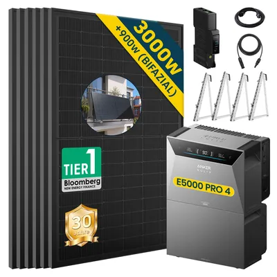 Produktbild von ALLDREI Balkonkraftwerke mit Speicher Anker Solix Solarbank 4 E5000 Pro & BP5000x1,Komplettset mit 6x500W Bifazialer Solarpanel & Smart Meter Gen 2