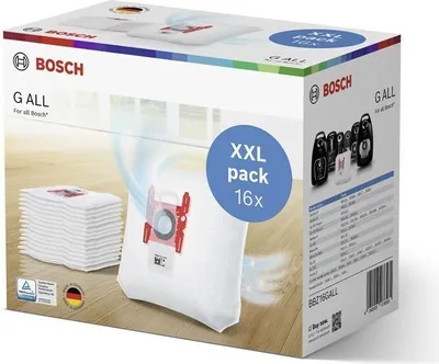 A product box for Bosch vacuum cleaner bags, showing a stack of bags and a single bag with its connection mechanism.
