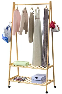 Produktbild von CASARIA® Bambus Kleiderständer auf Rollen stabile Kleiderstange mit Ablagen & Haken platzsparender Garderobenständer aus Holz für Flur & Schlafzimmer