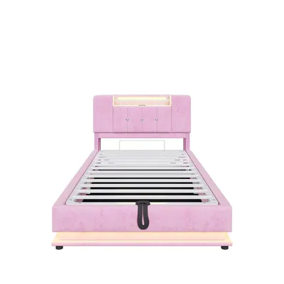 Produktbild von Flieks Hydraulisches Polsterbett 90x200cm mit Usb und Type-C, Einzelbett mit Stauraum, Stauraumbett Jugendbett mit Led, Samt, Rosa