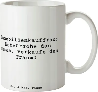 Produktbild von Mr. & Mrs. Panda Teetasse Spruch Immobilienkauffrau - Weiß - Geschenk, Chaosbeherrschung, Pott, Berufsgestaltung, Becher, Tasse, Beruf, verkaufe den Traum, Traum!, schöne