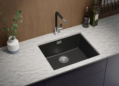 Produktbild von PRIMAGRAN Unterbauspüle Granit Anthrazit 56x47cm, Spülbecken 1 Becken + Ablauf-Set, Granitspüle ab 60er Unterschrank - London