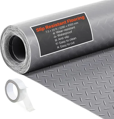 Immagine prodotto di Tappetino per garage - Tappetino in PVC con superficie antiscivolo - 2280 x 6100 mm - Spessore 2,2 mm - Venduto al metro - Con nastro biadesivo - Protezione del pavimento per magazzini e palestre - Grigio argento