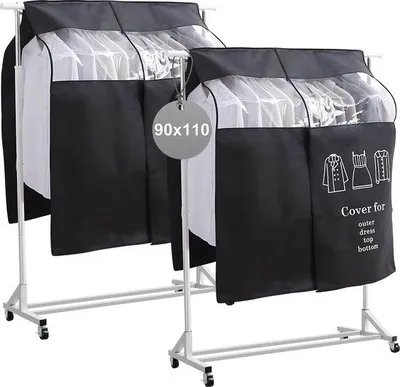 Obrázok produktu pre Unyqoos® 2x obaly na oblečenie, 90 x 110 cm – priedušné, prachotesné obaly z netkanej textílie na vešiaky, čierne, s priehľadným okienkom a suchým zipsom