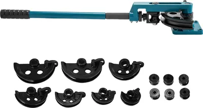 A pipe bender tool and its accessories are displayed against a white background.