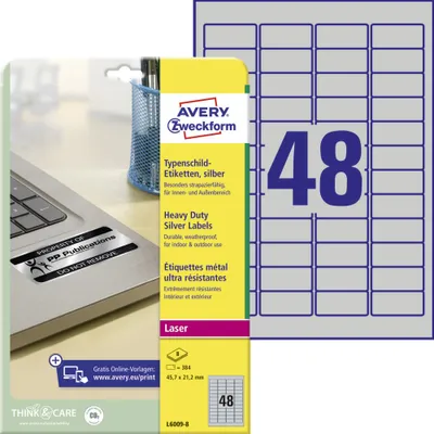 Produktbild von Avery Zweckform L6009-8 Typenschild-Etiketten, 45,7 x 21,2 mm, 8 Bogen/384 Etiketten, silber