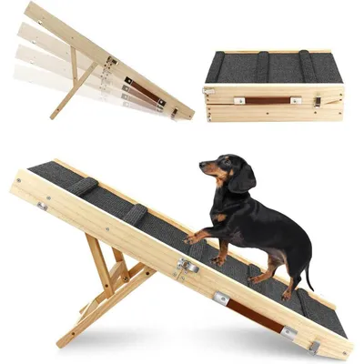 Image de Ramp pour chien pliable en bois, hauteur réglable de 25 à 48 cm, avec tapis antidérapant, pour lit et canapé, dimensions 83x30 cm