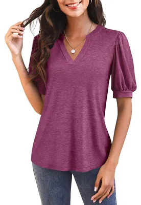 Produktbild von Damen-T-Shirt mit V-Ausschnitt – Lässige Puffärmel, locker und elegant