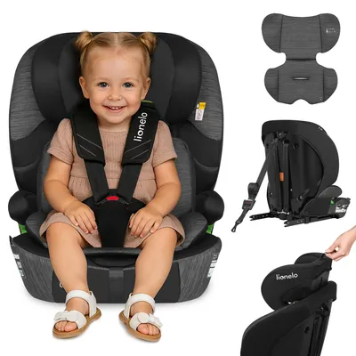 A child is sitting in a car seat, with additional images showing the car seat's components and features.