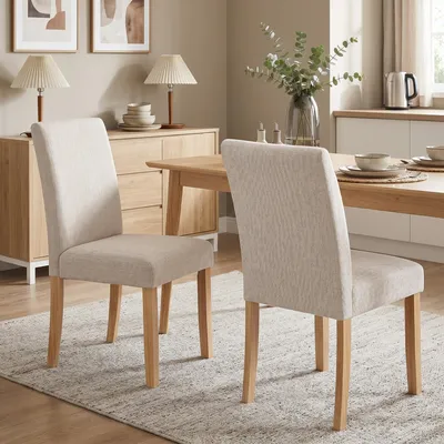 Produktbild von Esszimmerstuhl 2er-Set Polyester gepolstert, Küchenstuhl Leinenstuhl, Kautschukholzbeine, Cremeweiß | 56 x 46 x 88 cm | 13 kg | 2er-Set