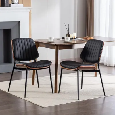 Produktbild von 2er Set Esszimmerstühle Retro Mid-Century, schwarze Kunstlederstühle mit gebogenem Walnuss-Rücken, gepolstert, Metallbeine, höhenverstellbar