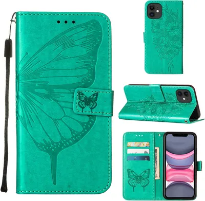 Produktbild von iPhone 11 Hülle, Schmetterling Prägung Flip Leder Kartenfächer Schutzhülle Ledertasche mit Ständer für iPhone 11 Grün