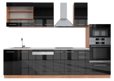 Obrázok produktu pre Kuchynský kút Vicco Fame-Line Antracit vysoký lesk/dub Goldkraft 300 cm s vysokou skriňou, AP mramor, Model 42802