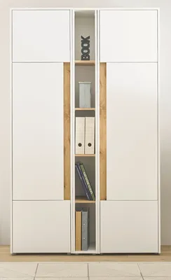 A white and wood-tone cabinet with shelves and storage compartments.