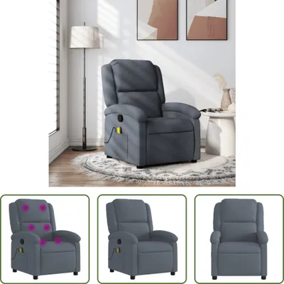 A collage of images showing a dark gray massage chair from different angles, with one image highlighting the massage points.