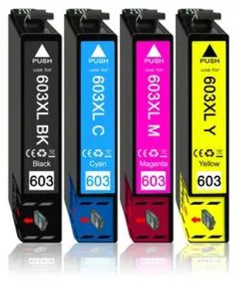 Four printer ink cartridges lined up against a white background.