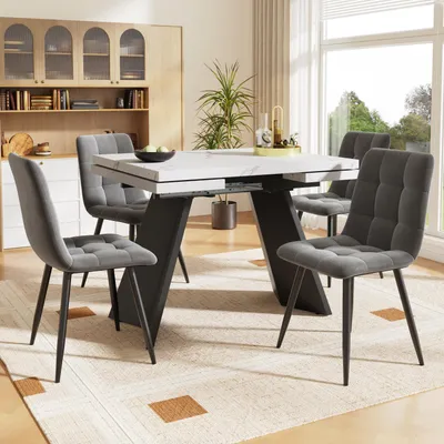 Produktbild von okwish Esstisch-Set Ausziehbares Esstischset für 4 Personen, Weißer Esstisch mit Säulenfüßen,4 Grauer Samt-Esszimmerstühlen,Essgruppe (5-tlg)