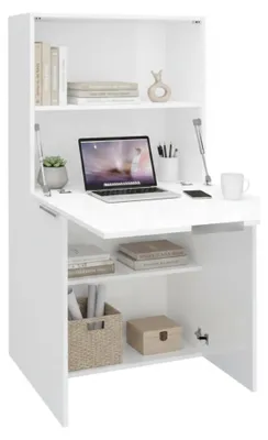 Produktbild von Schreibtisch Gianpiero, Mehrzweckmöbel mit Regalen und Arbeitsplatte, Mehrzweck-Bürotisch, platzsparender Mehrpositionsschreibtisch, 100 % Italy, cm 70x35h140, glänzendes Weiß