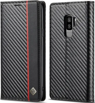 Image de Étui pour Samsung Galaxy S9 Plus Étui en cuir carbone avec porte-cartes, aimant et support noir Vertical rouge