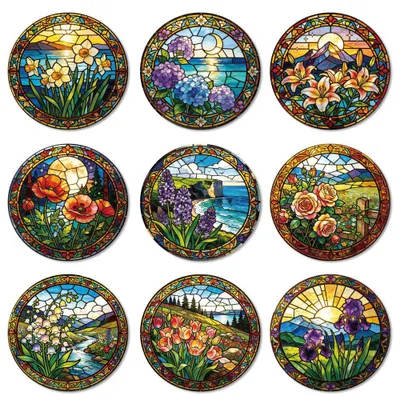 Holzuntersetzer mit Gläserblumen-Motiv, 9 Stück, Ø 10 cm
