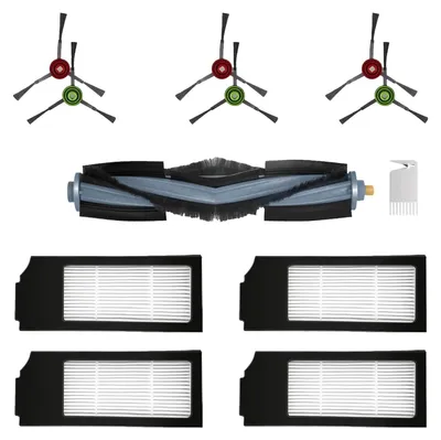 A collection of robot vacuum cleaner replacement parts, including brushes, filters, and a main brush roll, arranged on a white background.