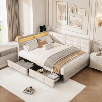 Immagine prodotto di Letto imbottito INONEFT, 140 x 190 cm, modello a L con spazio contenitivo, letto matrimoniale con LED e USB, letto per ragazzi con rete a doghe e 2 cassetti, rivestito in lino, colore beige