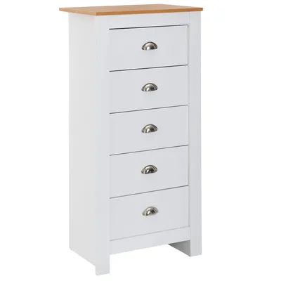 Produktbild von WOHNLING Sideboard mit 5 Schubladen 53x114x39 cm Kommode Weiß / Eiche Modern Design Anrichte Hoch Schmal Schubladenkommode Wohnzimmer