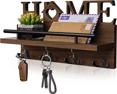 Produktbild von Schlüsselbrett mit Ablage, Holz, 7 Schlüsselhaken, rustikaler Wandorganizer