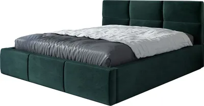 A dark green upholstered bed with a mattress and bedding, shown from a side angle against a white background.