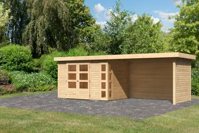 Produktbild von Karibu Gartenhaus Gerätehaus Kerko 4 im Set mit Anbaudach 2,80 m Breite und 19 mm Seiten- Rückwand naturbelassen 561x217x211 cm