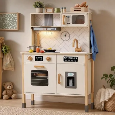 Imagen del producto de Cocina de juguete de madera, cocina de madera con luces y sonidos, cocina infantil para niños a partir de 3 años, con horno, microondas, placa de cocina, fregadero, dispensador de cubitos de hielo y 18 accesorios de cocina. Cocina para juegos de roles