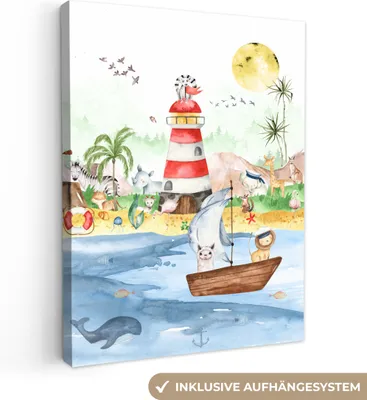 Obrázek produktu pro OneMillionCanvasses® - Obraz na plátně - pláž - zvířata - děti - maják - chlapci, nástěnný obraz, nástěnné dekorace obrazy obývací pokoj, 60x80cm