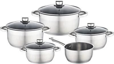 Obrázek produktu pro BAUMALU 9dílná sada hrnců, nerezová ocel, všechny typy sporáků včetně indukčních, skleněné poklice, 16/20/24 cm