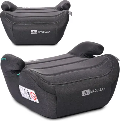 Two views of a dark gray child booster seat against a white background.