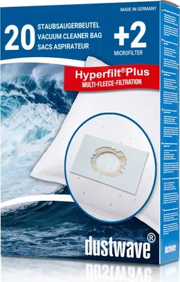 A product package for vacuum cleaner bags with a depiction of waves.